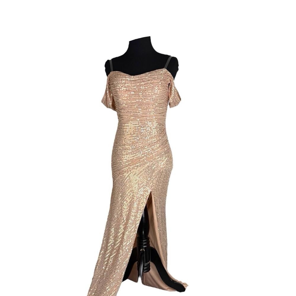 Champagne Sequinβ Off Shoulder Slit Mermaid Trailing Dress Cocktail Prom Sz 4